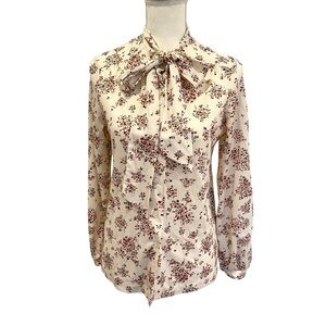 Vintage Abstract Mod Print Cream Silky Long Sleeve Blouse with Bow Tie Women SM